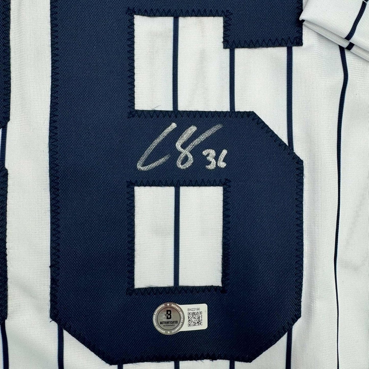Framed Autographed/Signed Clarke Schmidt 35x39 New York Pinstripe Baseball Jersey Beckett BAS COA