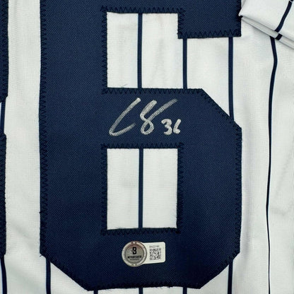 Framed Autographed/Signed Clarke Schmidt 35x39 New York Pinstripe Baseball Jersey Beckett BAS COA