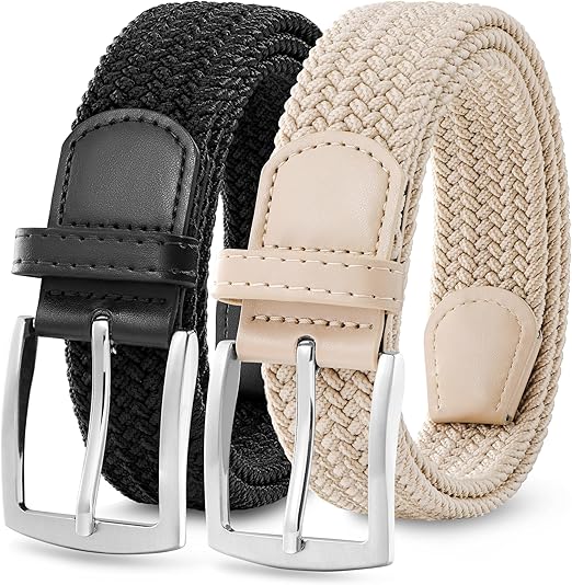 MILORDE Stretch Belt 2Pack, Braided Canvas Woven Elastic Stretch Belts for Men/Women/Junior, Golf Outdoor Activities