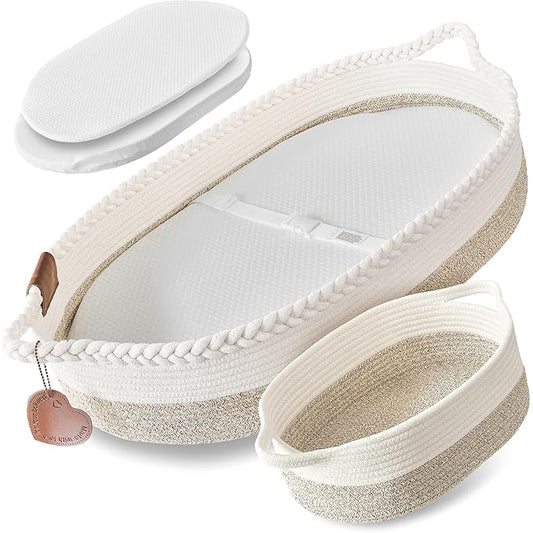 Baby Changing Basket Set w/Matching Diaper Caddy, Comfy Pad & Extra Waterproof Bamboo Jacquard Cover, Reinforced Cotton Rope Moses Baskets for Newborn