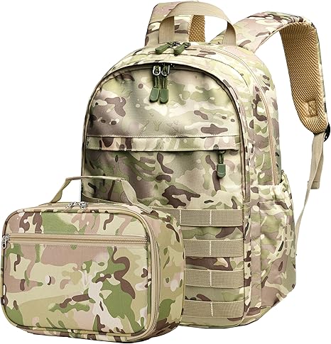 Wraifa Boys Backpack With Lunch Box Waterproof Kids School Bag Outdoor Travel Camping Daypack Camo Backpack for Boys Rucksack(Amy Green With Lunch Box, Small)