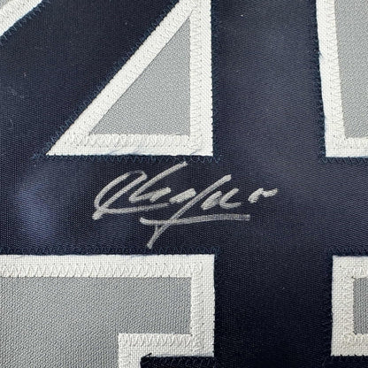 Framed Autographed/Signed Aroldis Chapman 35x39 New York Grey Baseball Jersey Beckett BAS COA