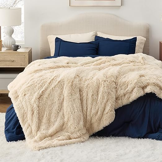 Bedsure Soft Fuzzy Faux Fur King Size Blanket Beige _ _ Cozy, Fluffy, Plush Sherpa Fleece Blanket, Furry, Shaggy Blanket for Couch, Bed, Sofa, Thick Warm Blankets for Women, 108x90 Inches, 640 GSM