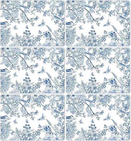 Blue Floral Placemats Set of 6 Flower Bird Plastic Table Mats Seasonal Spring Placemats Chinoiserie Table Mats Rustic Vintage Table Decoration for Indoor Outdoor Party Kitchen Dining Table