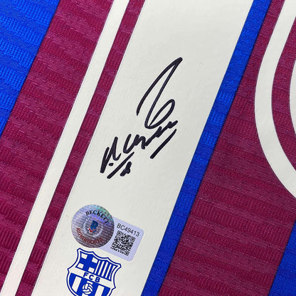 Framed Autographed/Signed Sergio Kun Aguero 35x39 FC Barcelona Red/Blue Soccer Futbol Jersey Beckett BAS COA