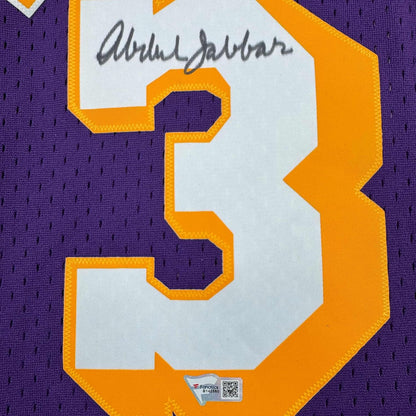 Framed Autographed/Signed Kareem Abdul-Jabbar 35x39 Los Angeles Lakers Mitchell & Ness Purple Basketball Jersey Fanatics COA