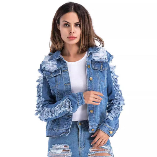 Distressed Blue Denim Fringe Jacket - Cropped Shredded Cotton