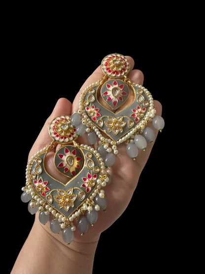 DER800 large sized kundan earrings- Grey ( READY TO SHIP )
