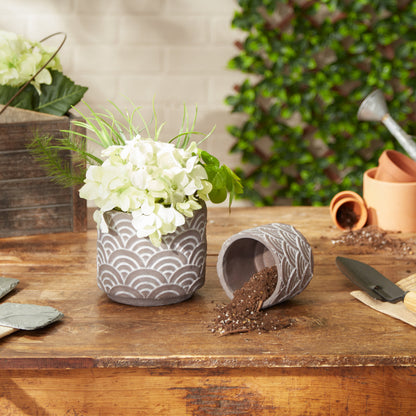 Black Scalloped Cement Flower Pot Set of 2
