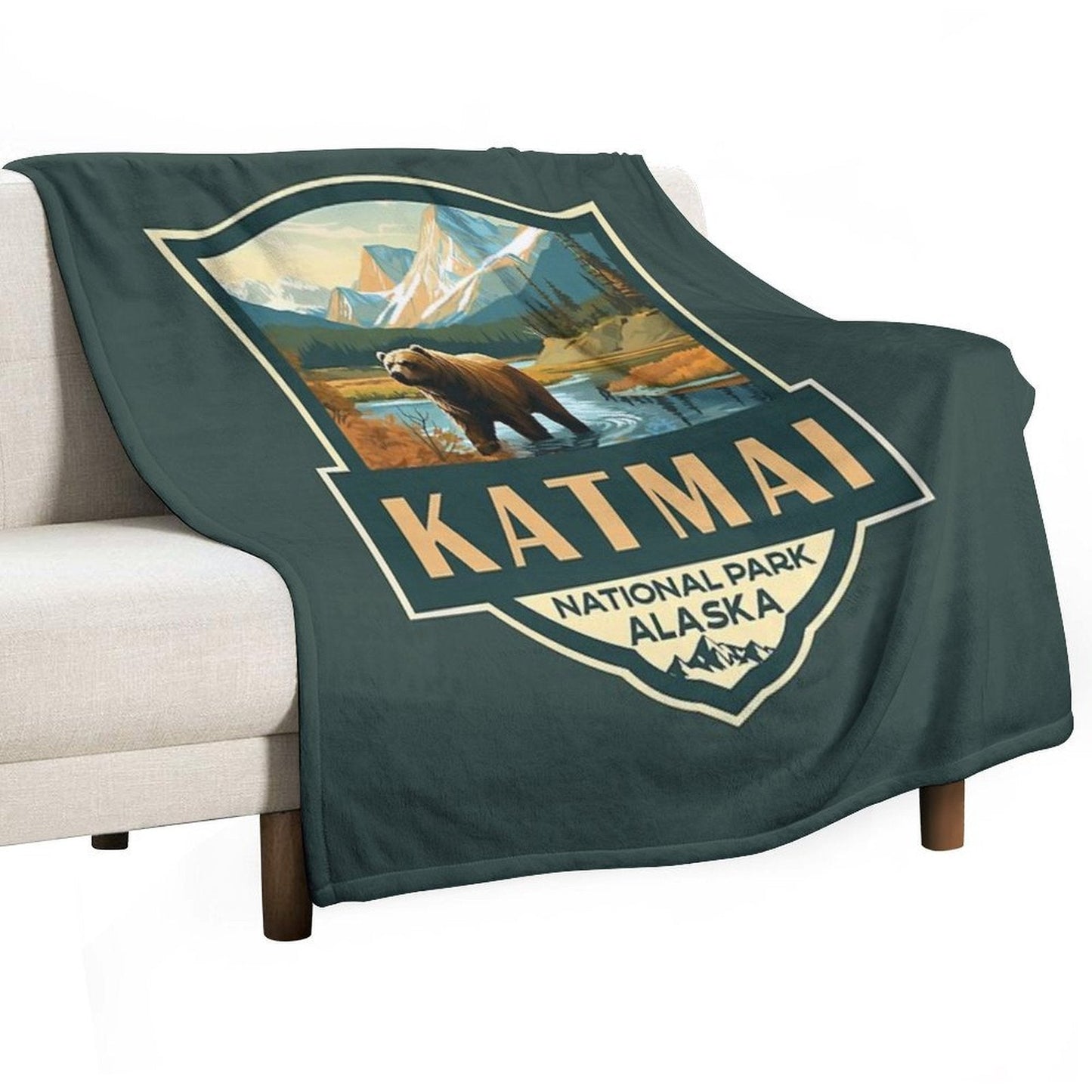 Katmai National Park Illustration Retro Badge Throw Blanket