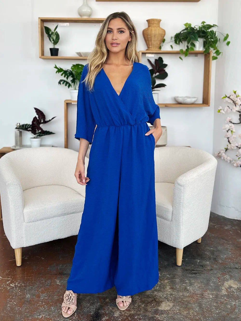 Full Size Surplice Wide Leg Jumpsuit with Pockets