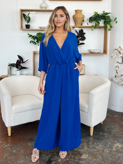 Full Size Surplice Wide Leg Jumpsuit with Pockets