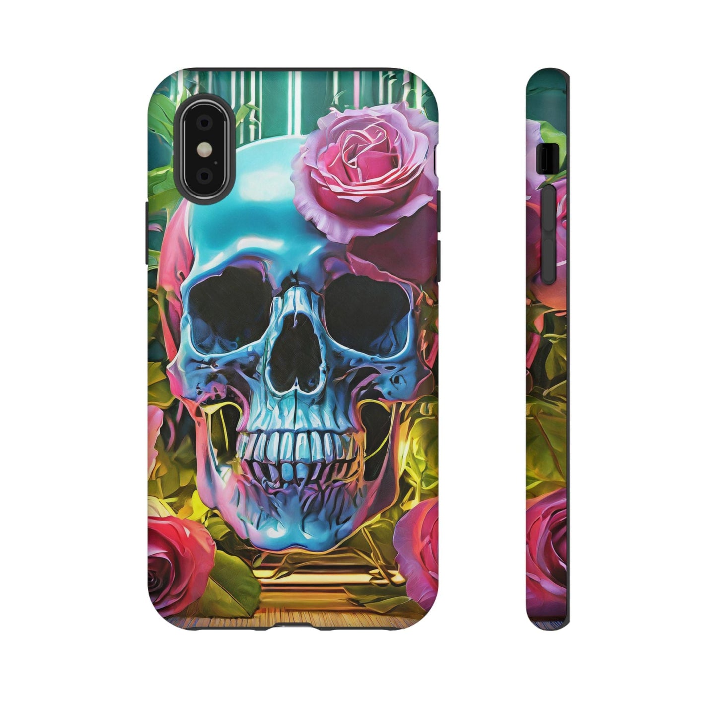 Neon Rose Skull Tough Phone Case