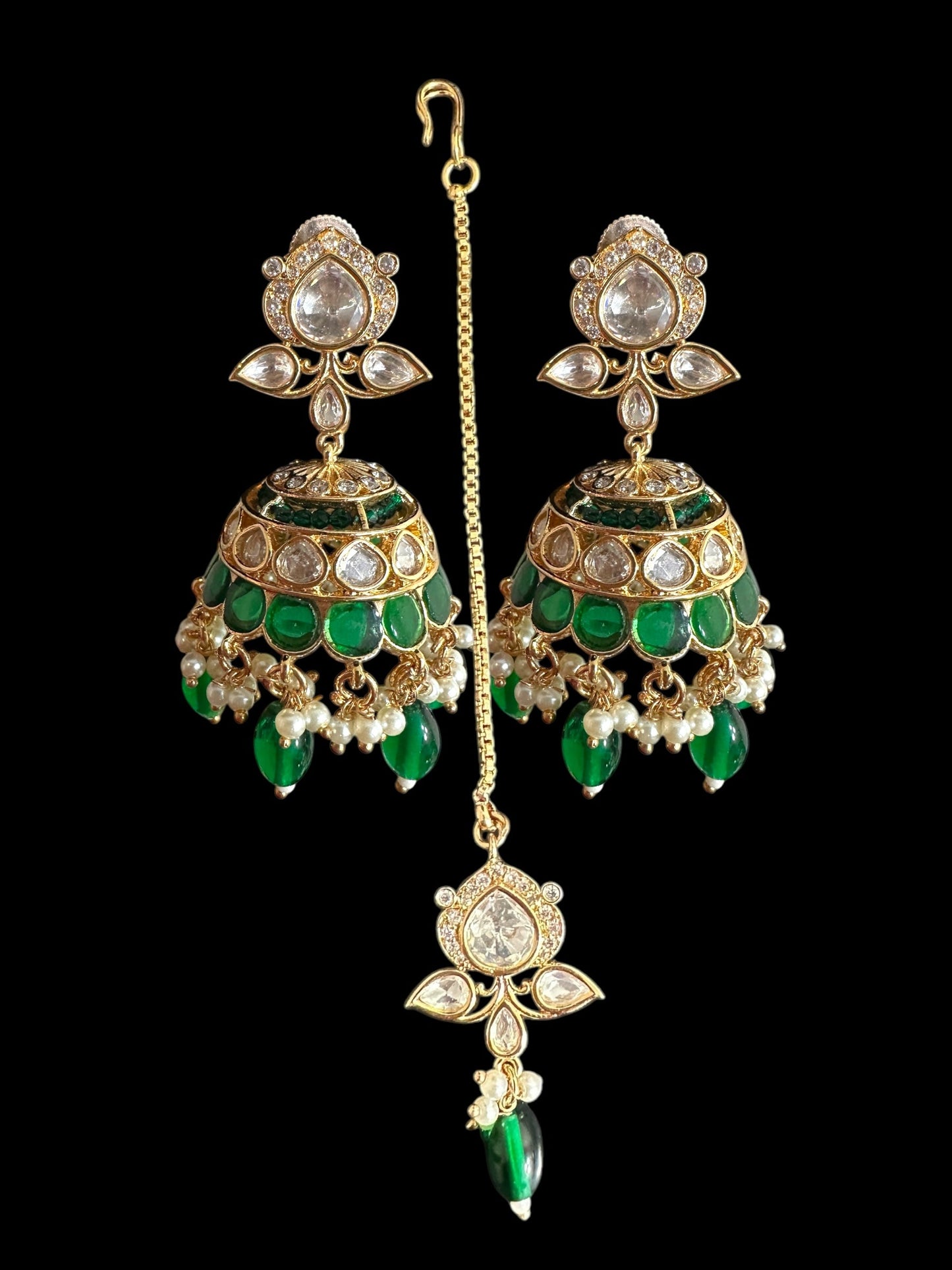 Savera Polki jhumka and tika set in green ( READY TO SHIP )
