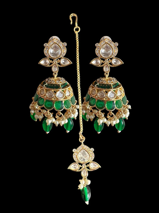 Savera Polki jhumka and tika set in green ( READY TO SHIP )