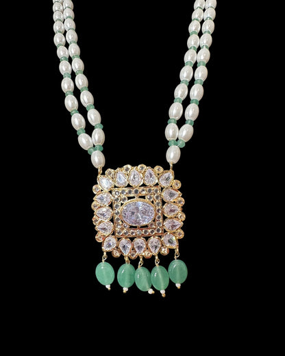 PS561 Hyderabadi pendant set with high quality zircon stones and light green beads ( SHIPS IN 2 WEEKS )