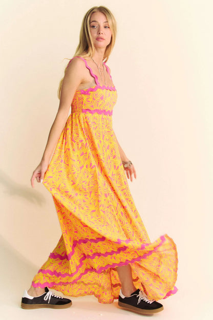 Davi & Dani Geo 2 Tone Printed Wavi Trim Tiered Maxi Dress
