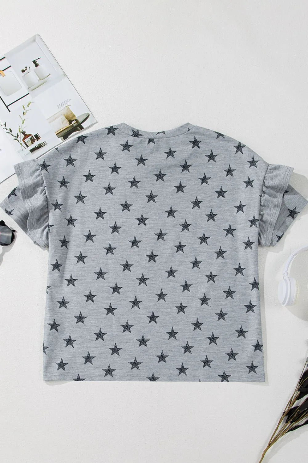 Star Print Tiered Ruffled Sleeve Crew Neck T Shirt