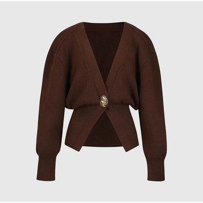 Deep V Button Cardigan - Polyester Knit Statement Sweater