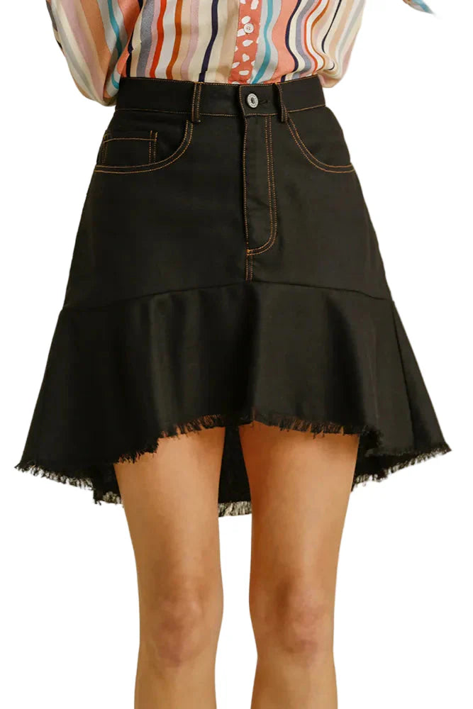 Linen Blend 5 Pockets High Low Skirt with Frayed Hem