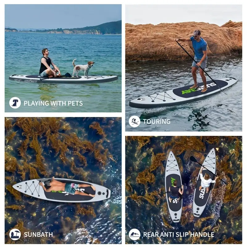 Adult inflatable upright paddleboard, 10.6ft inflatable yoga board, super surfboard with multiple accessories, multi-layer deck, travel backpack, wide upright position suitable for various scenarios, maximum weight capacity of 300 pounds.
