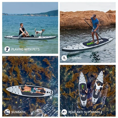 Adult inflatable upright paddleboard, 10.6ft inflatable yoga board, super surfboard with multiple accessories, multi-layer deck, travel backpack, wide upright position suitable for various scenarios, maximum weight capacity of 300 pounds.