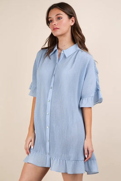 VERY J Pleated Detail Button Down Mini Dress