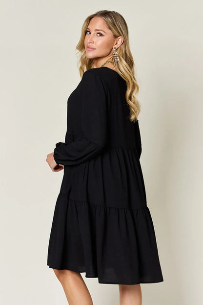 Full-Size V-Neck Balloon Sleeve Tiered Dress with Pockets