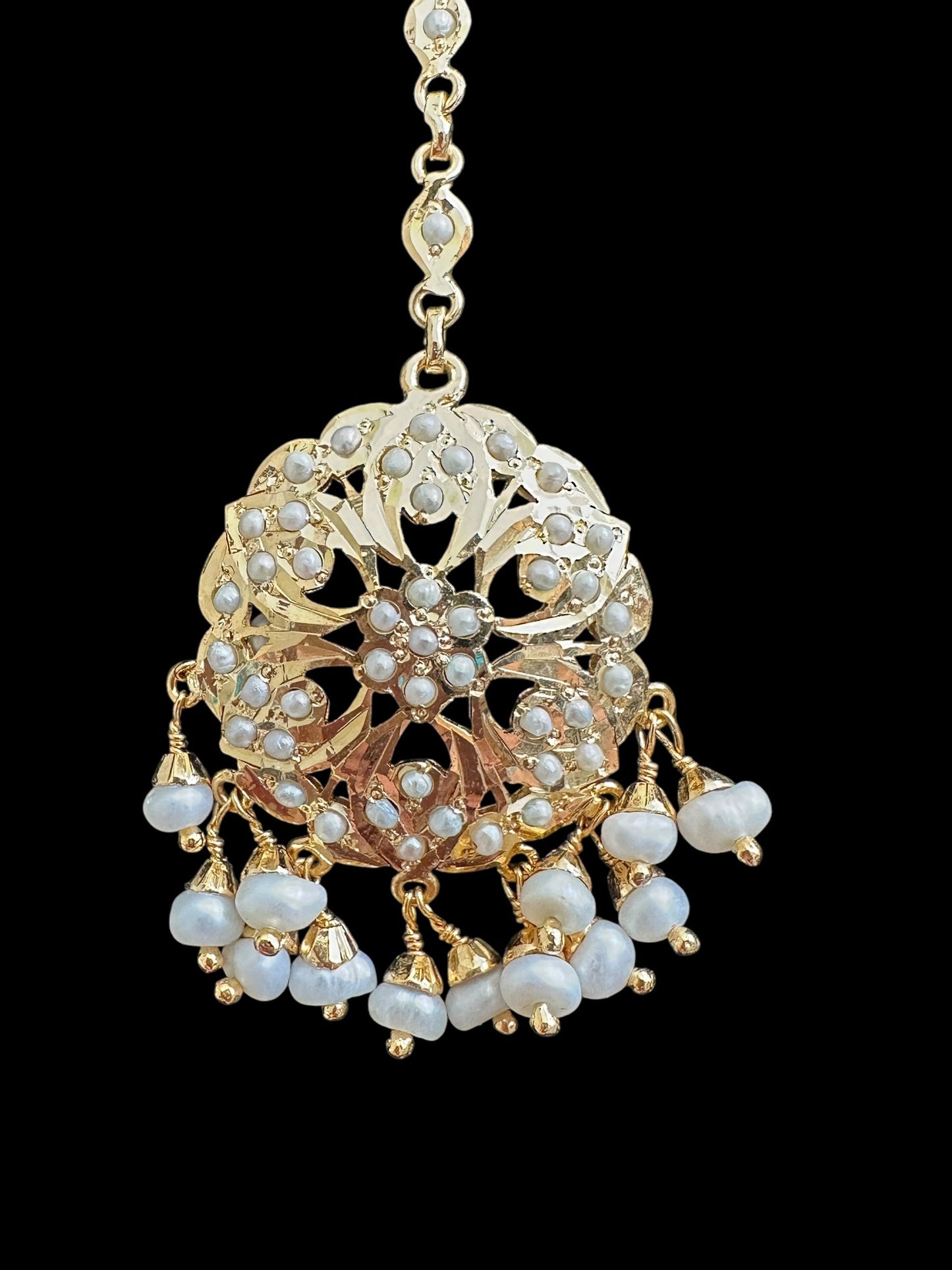Gold plated silver tikka in fresh water pearls ( READY TO SHIP  )