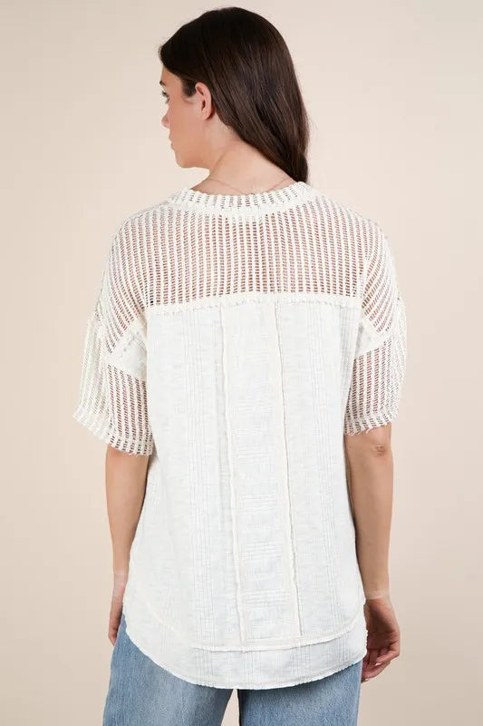 VERY J Oversized Contrast Knit Comfy Casual Top
