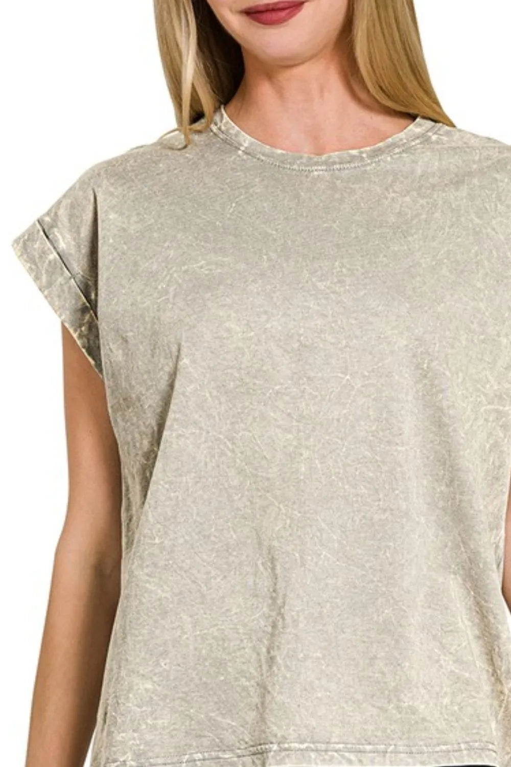 Zenana Crinkle Washed Round Neck Folded Short Sleeve Tee
