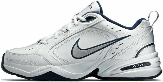 Nike Mens Air Monarch IV Walking Shoes White/Metallic Silver/Midnight Navy Size 11.5