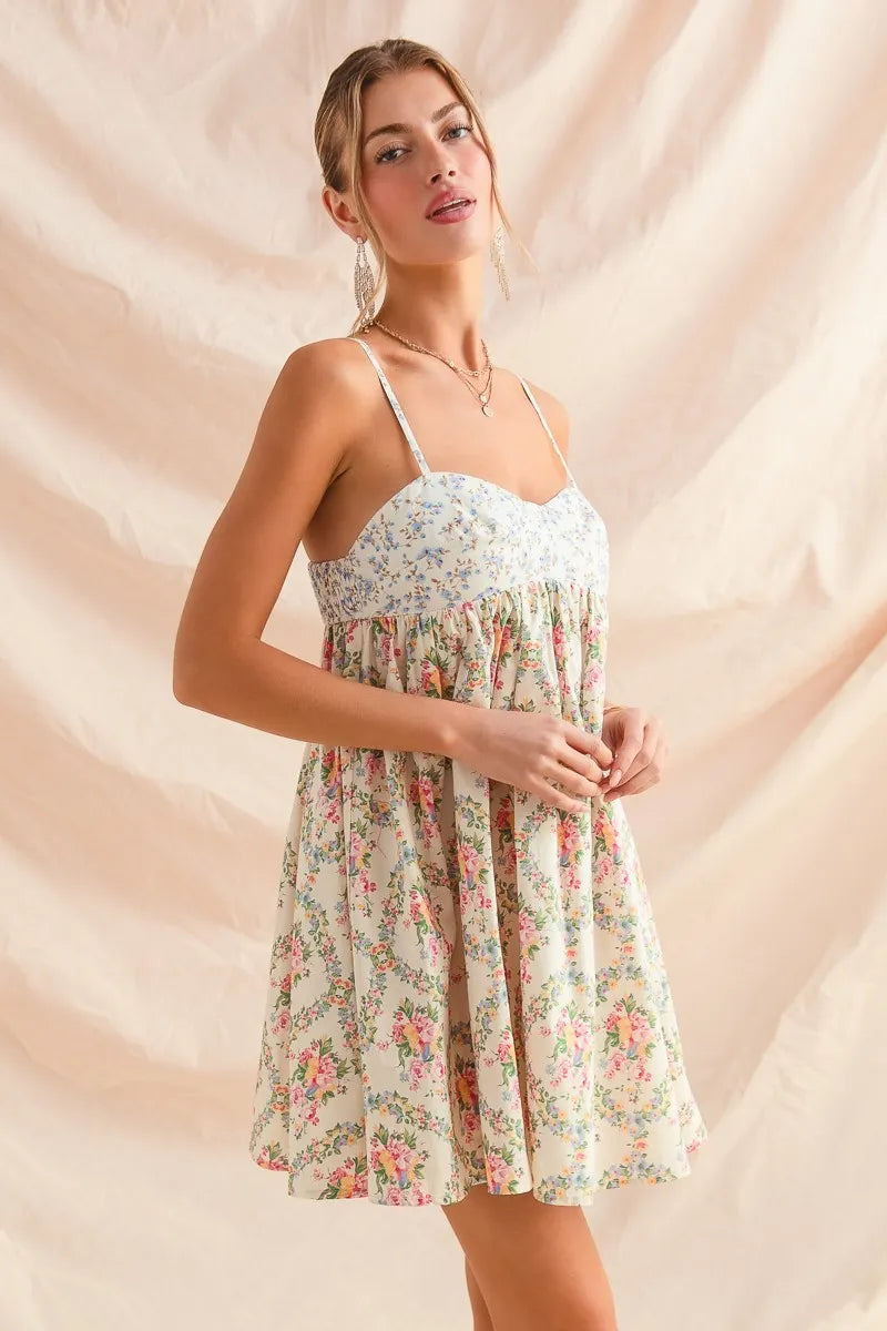 Mixed Floral Print Sleeveless Mini Dress