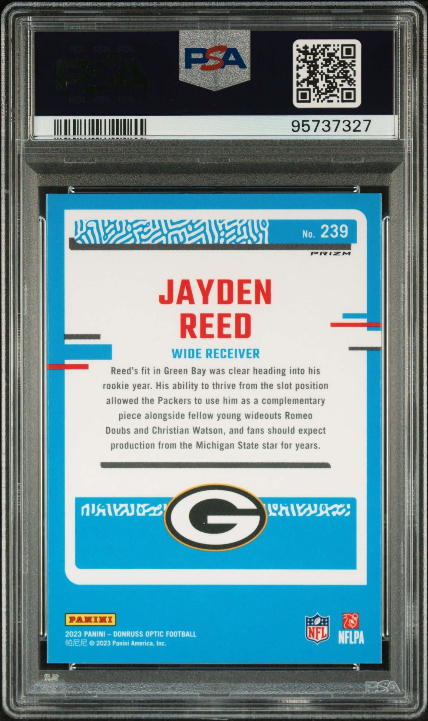 Graded 2023 Panini Donruss Optic Jayden Reed #239 Purple Shock Rookie RC Football Card PSA 10 Gem Mint