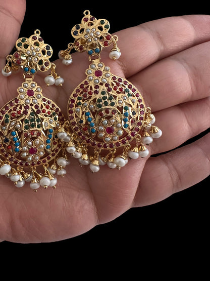 Navratan chandbali earrings in gold plated silver ( READY TO SHIP )