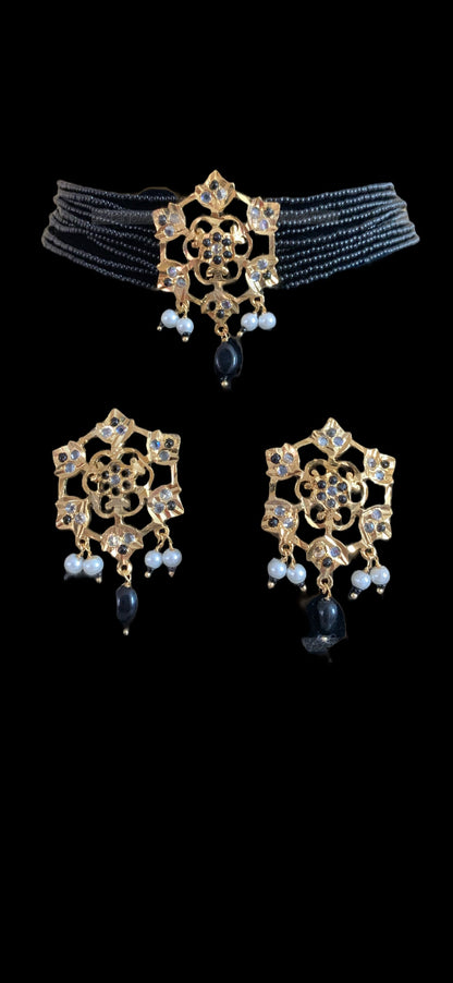 C338 Rati choker set  in black beads  (SHIPS IN 4 WEEKS )