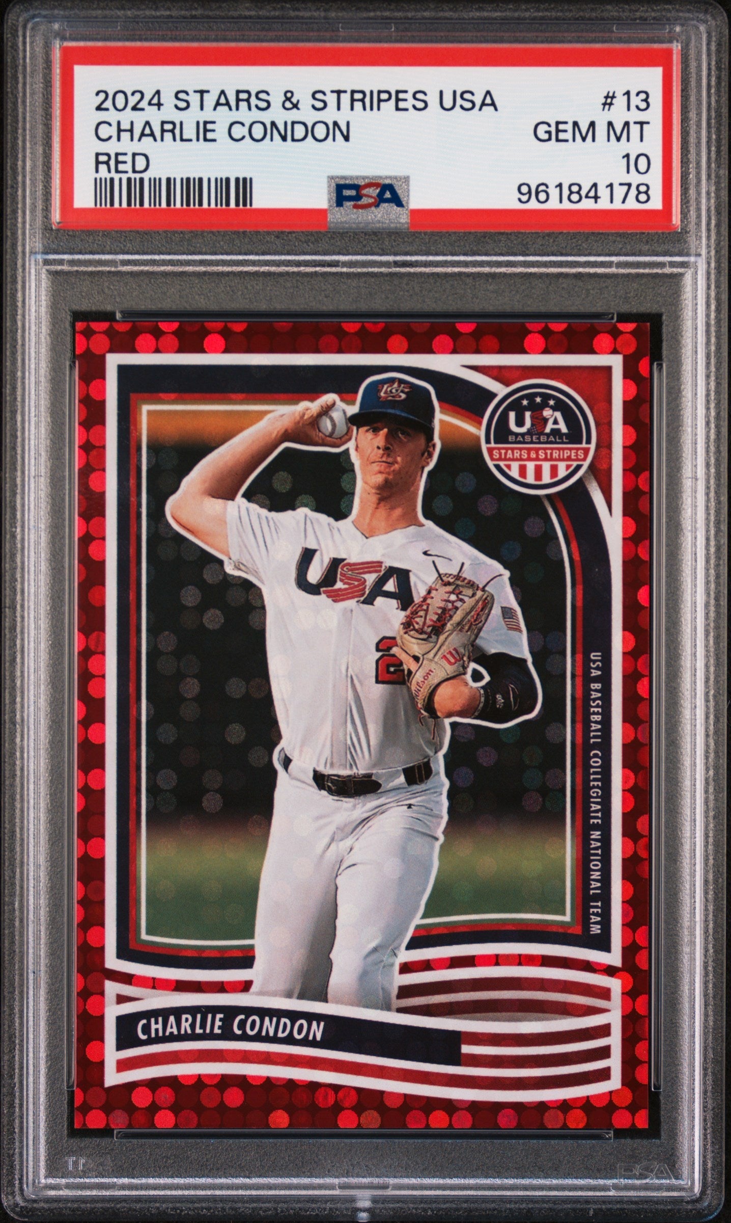 Graded 2024 Panini Stars & Stripes USA Charlie Condon #13 #/199 Rookie RC Baseball Card PSA 10 Gem Mint