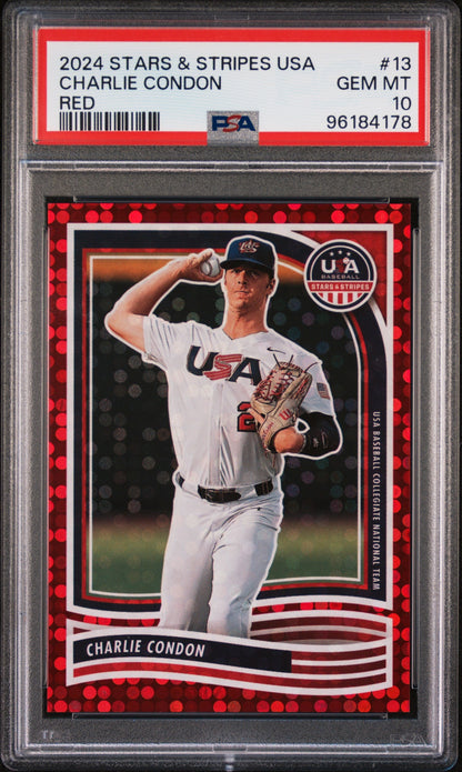 Graded 2024 Panini Stars & Stripes USA Charlie Condon #13 #/199 Rookie RC Baseball Card PSA 10 Gem Mint