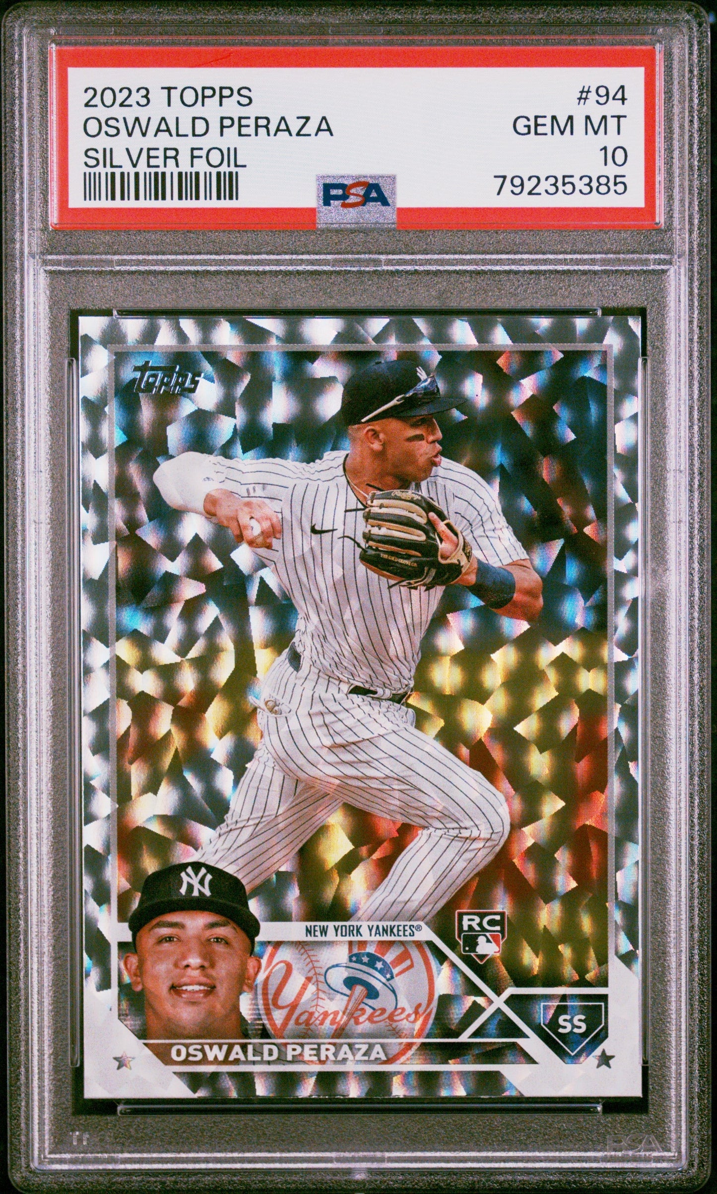 Graded 2023 Topps Oswald Peraza #94 Silver Foil Rookie RC Baseball Card PSA 10 Gem Mint
