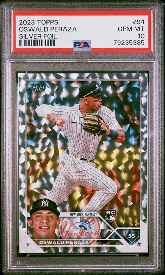 Graded 2023 Topps Oswald Peraza #94 Silver Foil Rookie RC Baseball Card PSA 10 Gem Mint