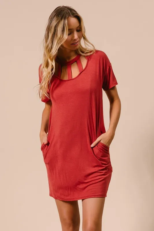 BiBi Front Cutout Mini Tee Dress with Pockets