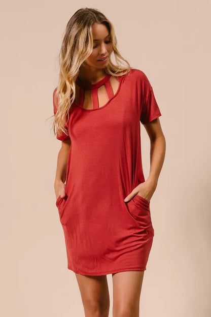 BiBi Front Cutout Mini Tee Dress with Pockets