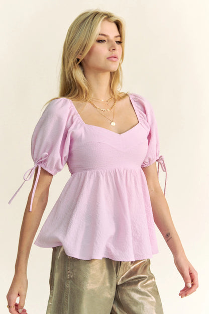 Davi & Dani Solid Elastic Peplum Puffed Sleeves Blouse