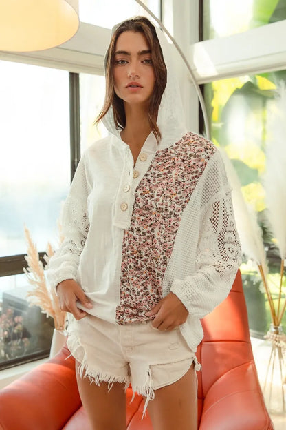Garden Naked Slob Jersey with Lace Combo Buttoned Hoodie Top