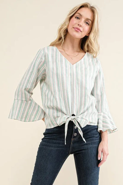 And The Why Stripe Tie Knot Front Bell Sleeve Top