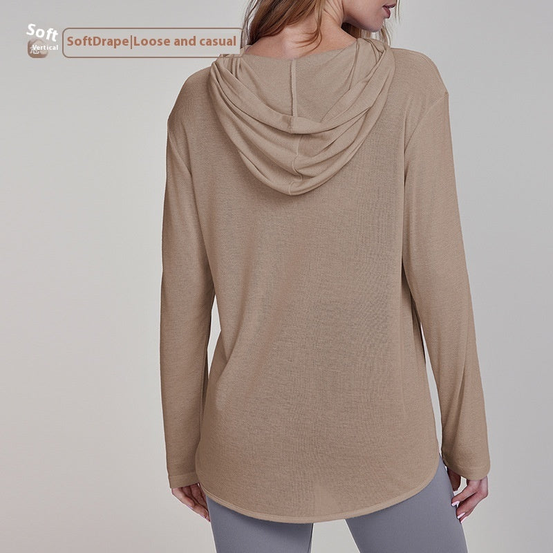 Hooded Long Sleeve Yoga Top with Curved Hem - Breathable