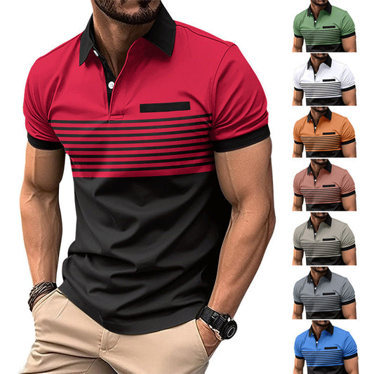 Men's Striped Polo Shirt with Chest Pocket - Cotton Blend