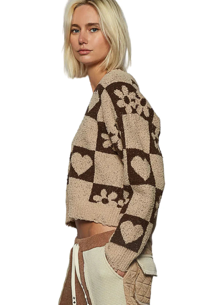 V-Neck Heart Pattern Checkered Sweater