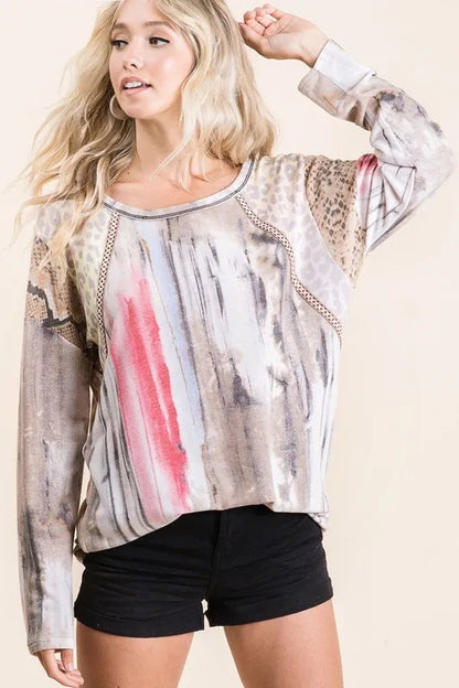 BiBi Tie Dye Knit Top with Print Block Shoulder
