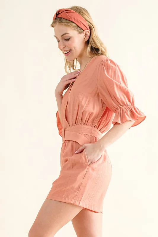 And The Why Flounce Sleeves Romper with Belt